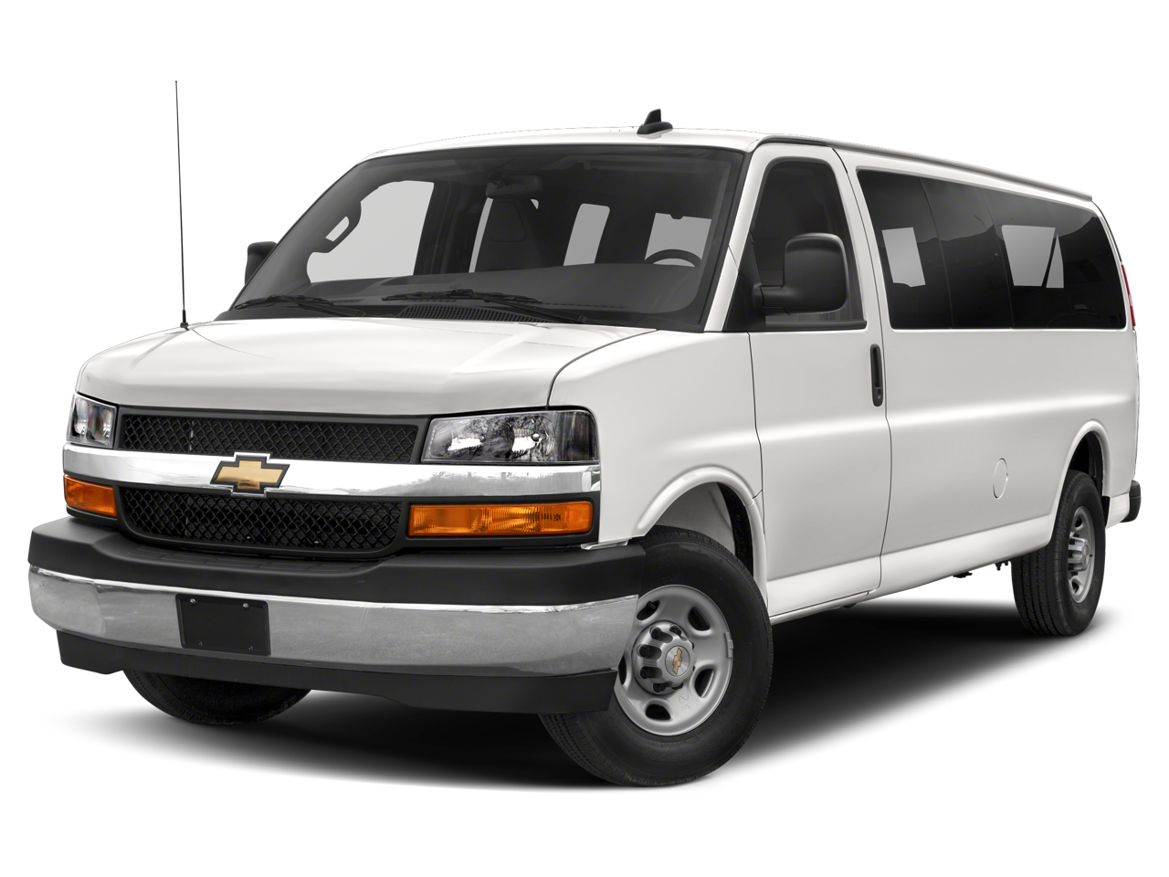 2019 Chevrolet Express Passenger 3500 LT in Summit White — front three-quarter view